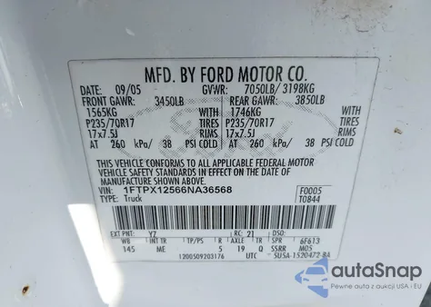 2006 Ford F-150 Lariat/Xl/Xlt z USA, uszkodzony, nr VIN 1FTPX12566NA36568